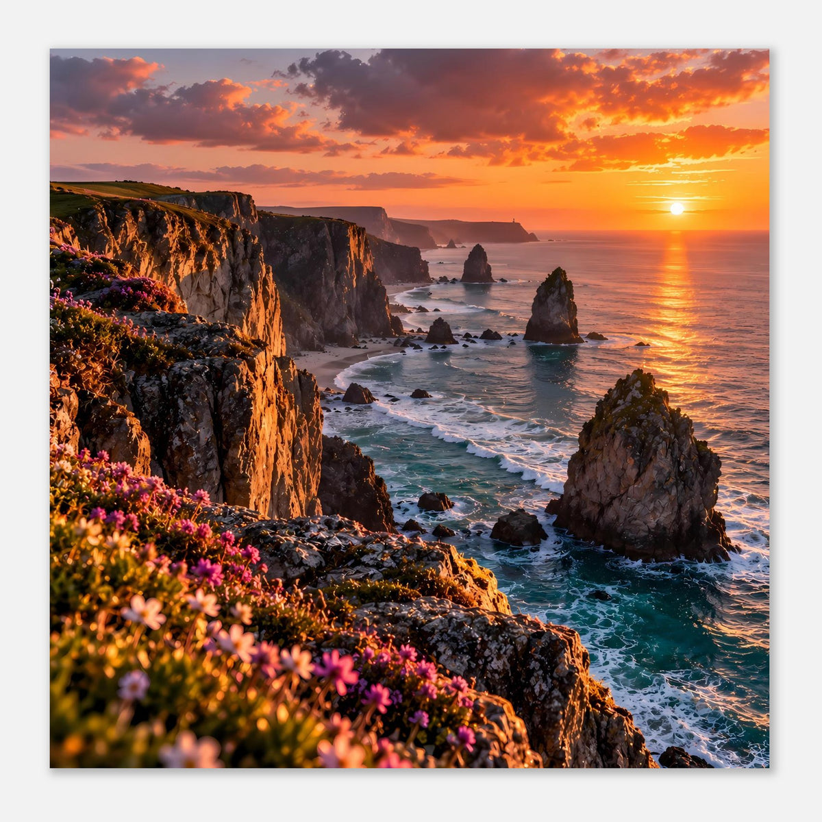 Poster mit Sonnenuntergang über dem Meer, Küstenfelsen und Wellen, Querformat
