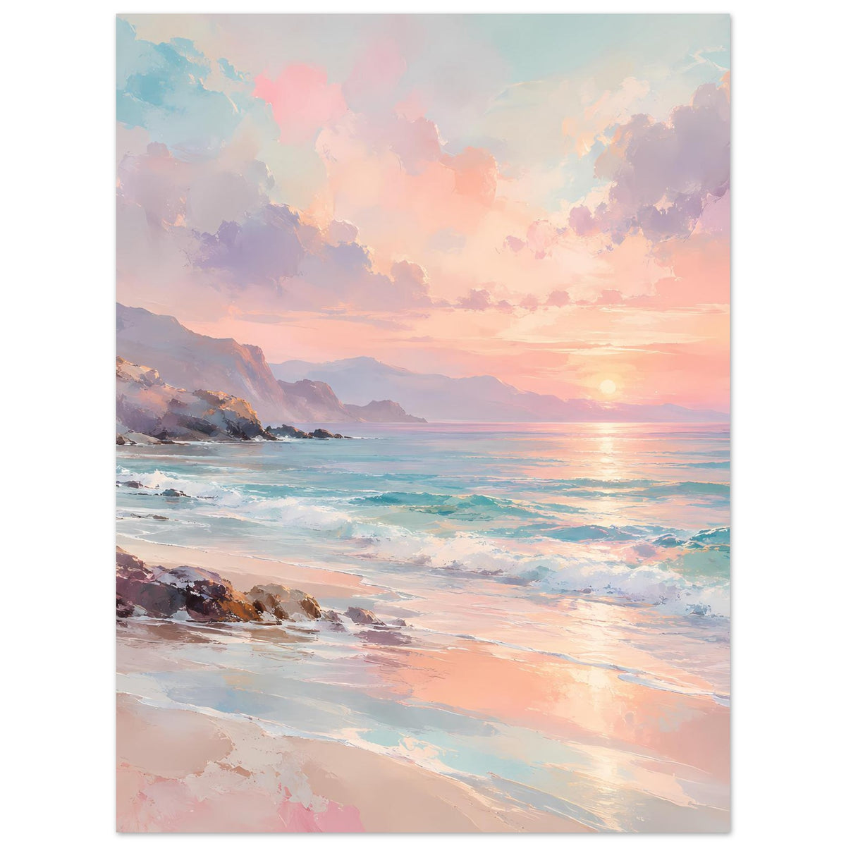 Poster mit Küste und Sonnenuntergang, Strand und Wellen im Vordergrund