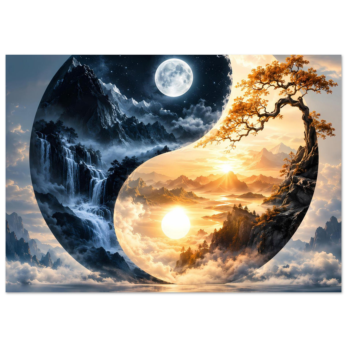 Poster mit Yin-Yang-Landschaft: Mond & Sonne, Wasserfall, Berge und Fluss im Rahmen