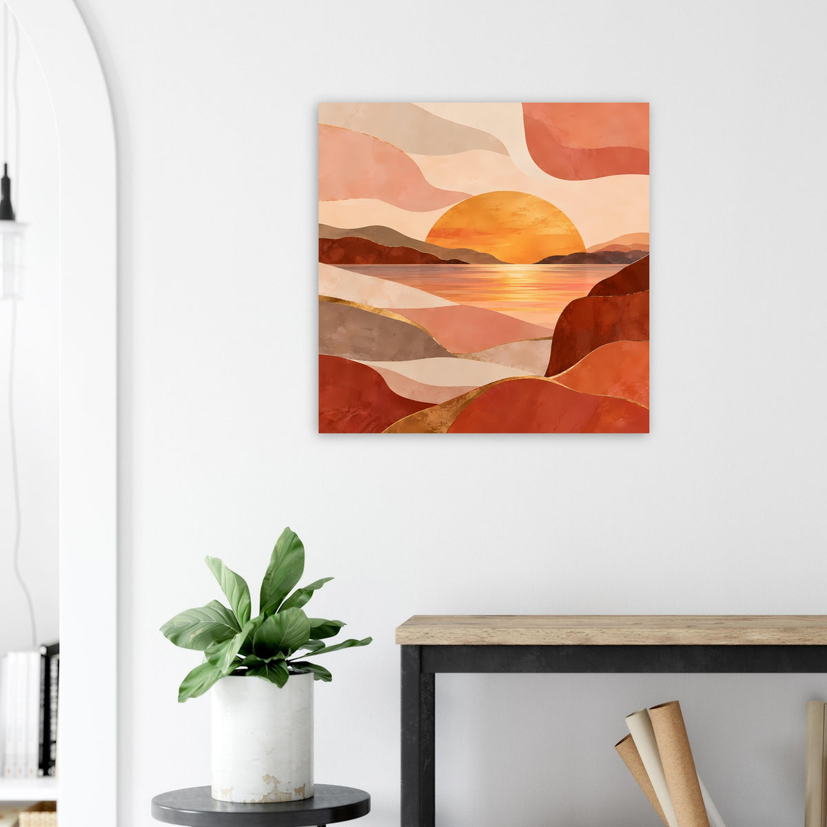 Quadratisches Poster: abstrakter Sonnenuntergang über Hügeln in warmen Erdfarben