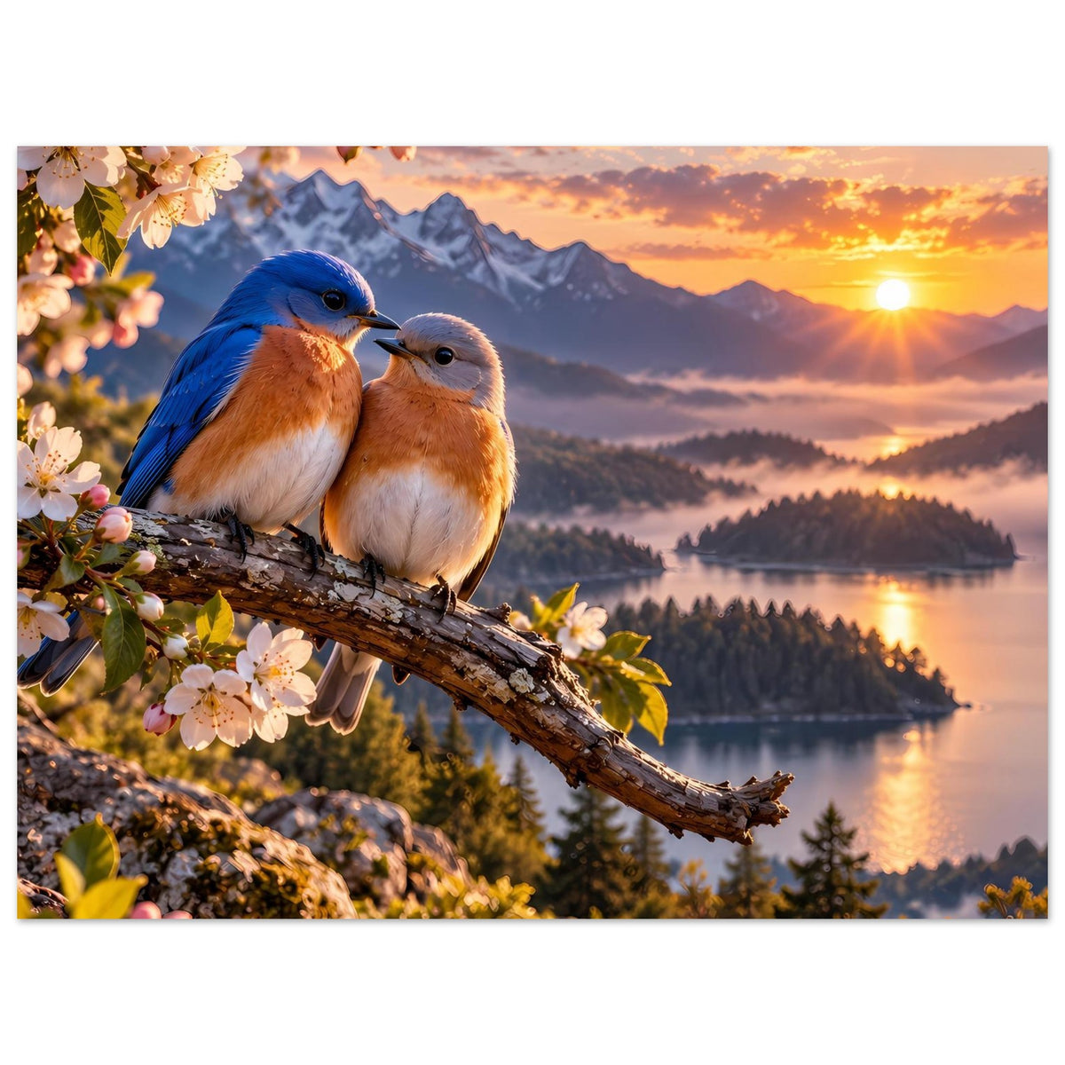 Querformat-Poster: zwei Vögel auf Ast vor Bergkulisse mit Sonnenaufgangswolken
