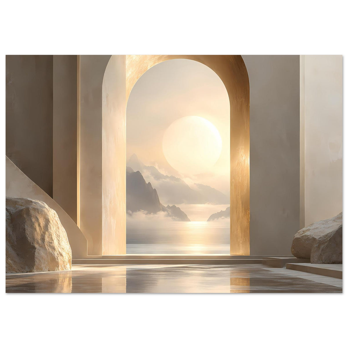 Wandposter: Rundbogen mit goldenem Licht, Sonnenaufgang über ruhigem Meer und Felsen