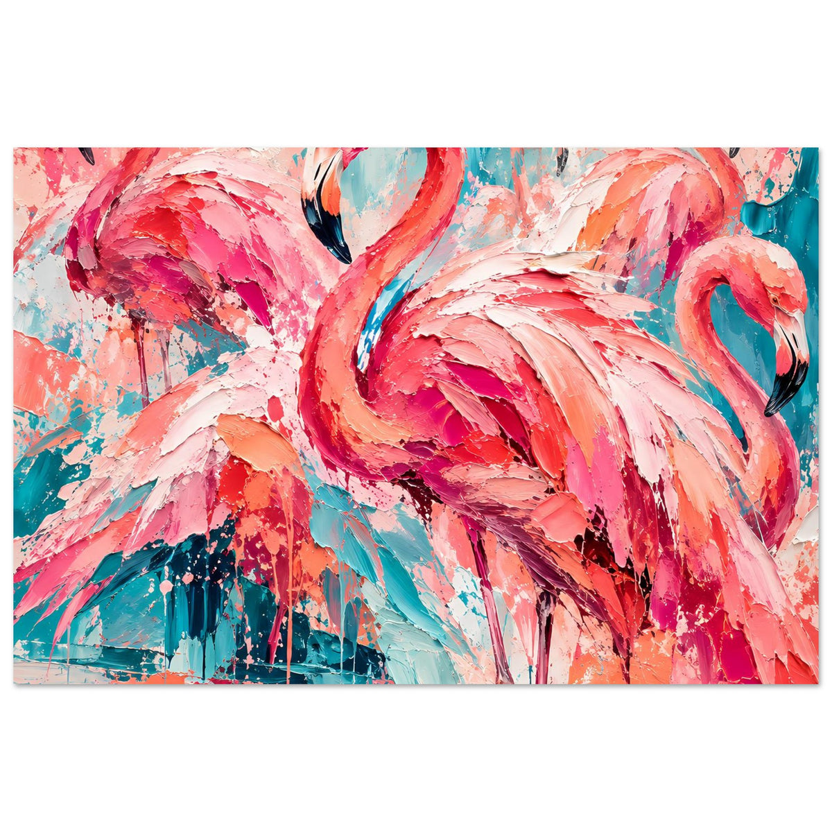 Expressives Vogelkunst-Poster (breit): abstrakter Flamingo in Pink und Türkis mit farbigen Spritzern