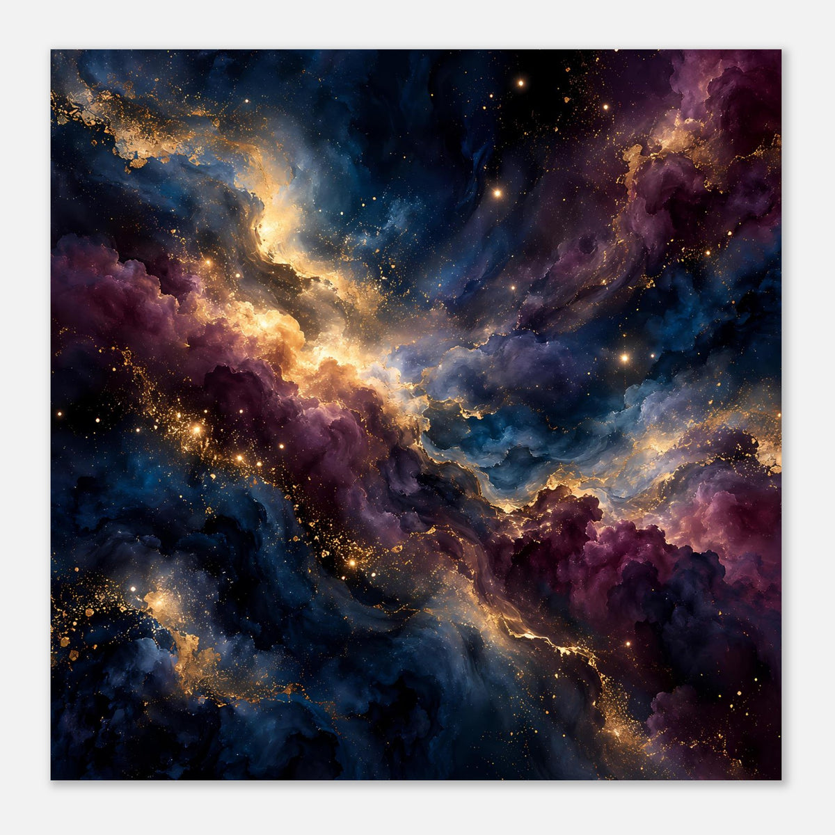 Kunstposter kosmische Galaxie in Blau und Violett mit goldenen Sternen, horizontal