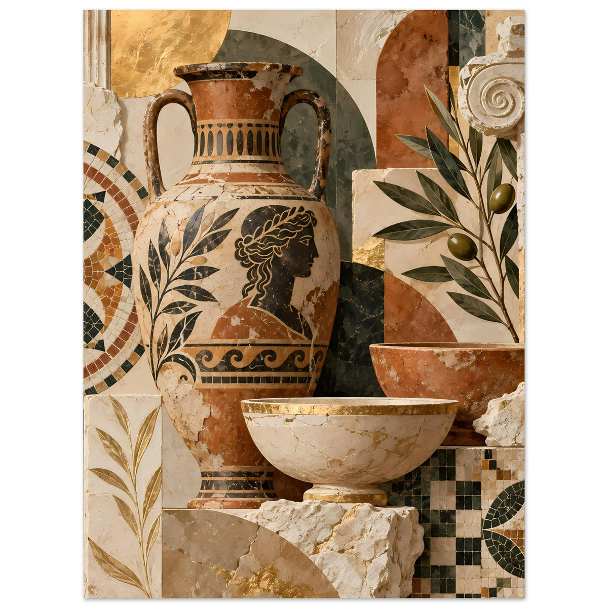 Mediterranes Mosaik-Poster mit Amphore und Schale im Vordergrund sowie Olivenzweig rechts