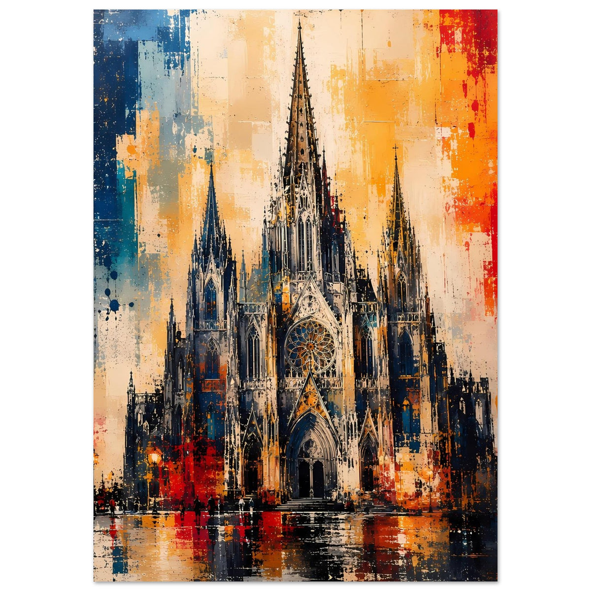 Poster mit gotischer Kathedrale, detaillierte Architektur, helle Untergründe mit blauen und roten Spritzern