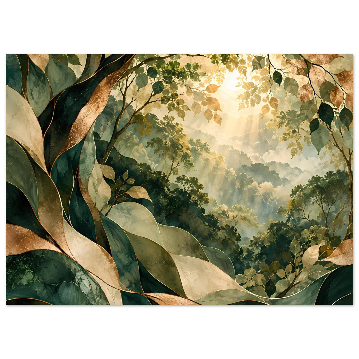 Naturposter (Querformat) mit kräftigen Blättern, warmen Goldtönen und tiefem Grün im Wald.