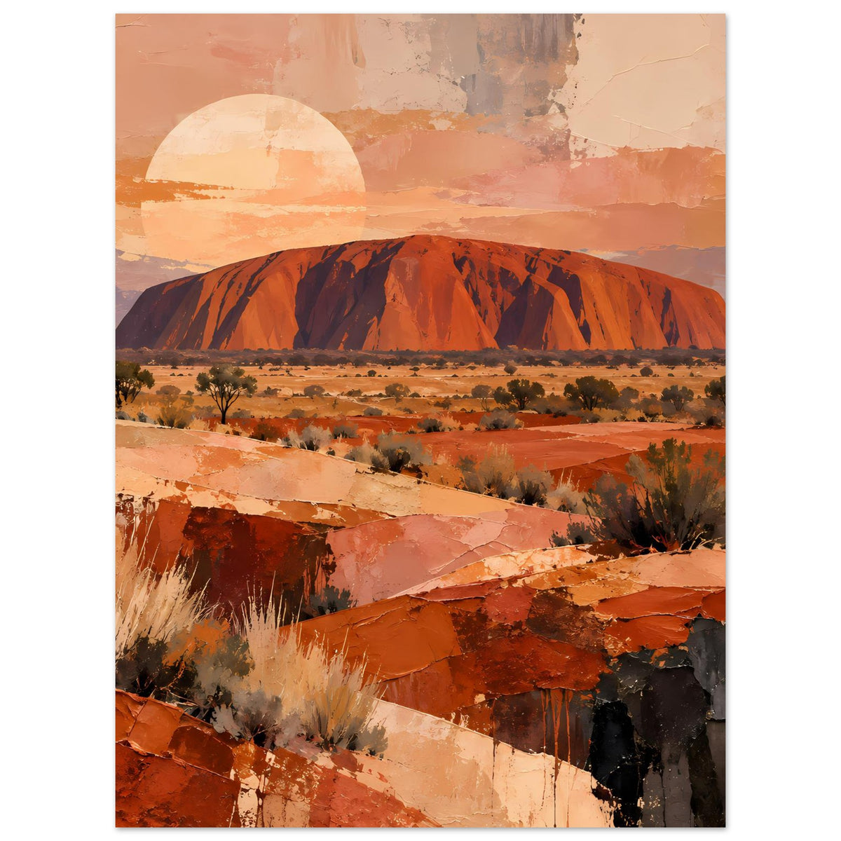 Uluru-Landschaftsposter (Querformat): Felsformation in warmen Erdtönen mit Halbsonne am Himmel.