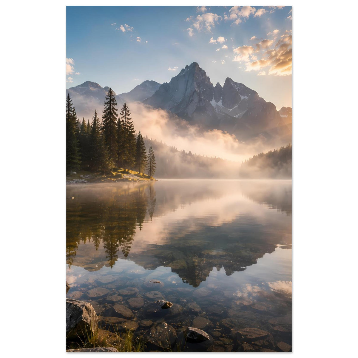 Hochkantposter: Wald und Bergspitzen über dem nebligen See bei Sonnenaufgang