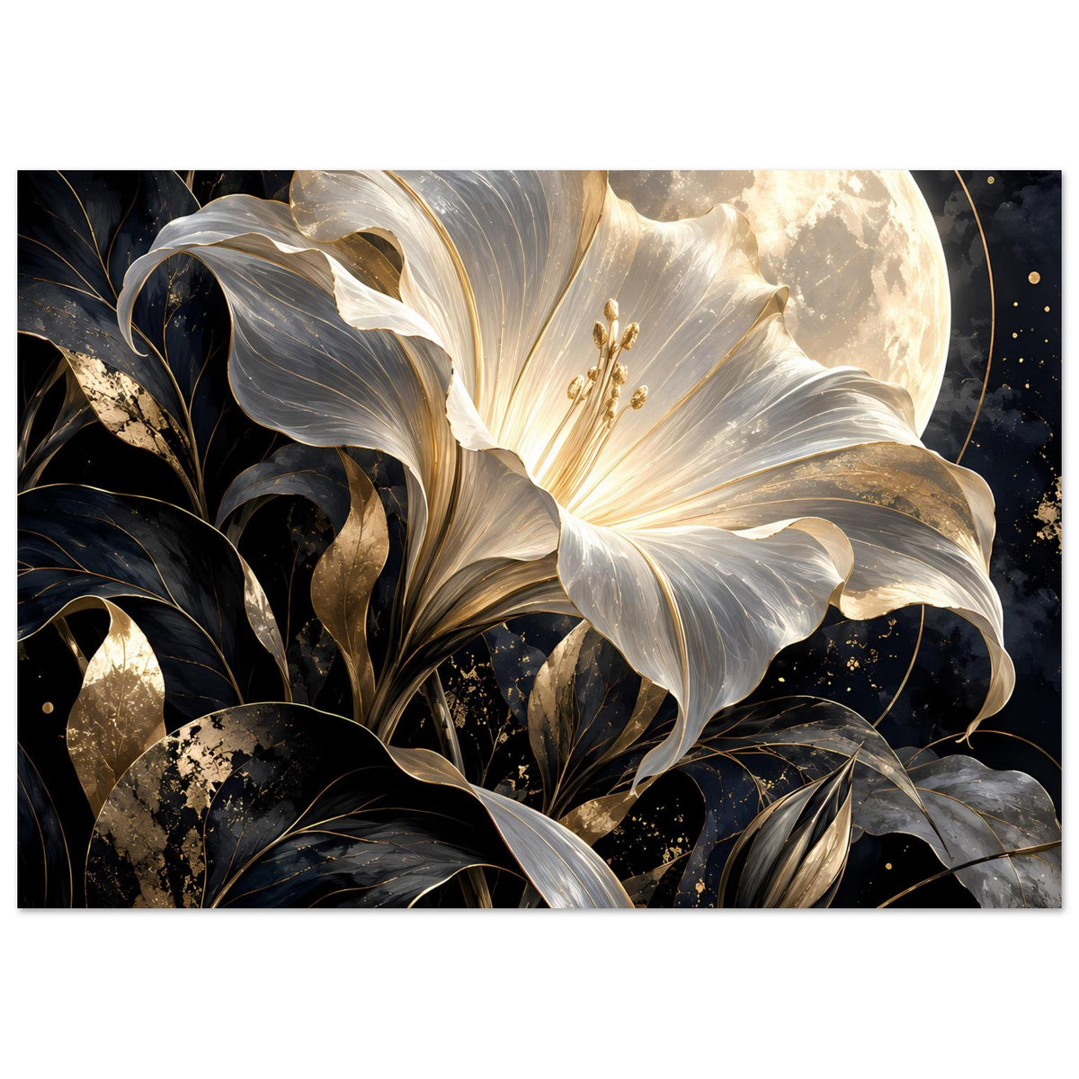 Poster mit weiß-goldener Blüte, dunklem Blattwerk und Mond im oberen Bildbereich