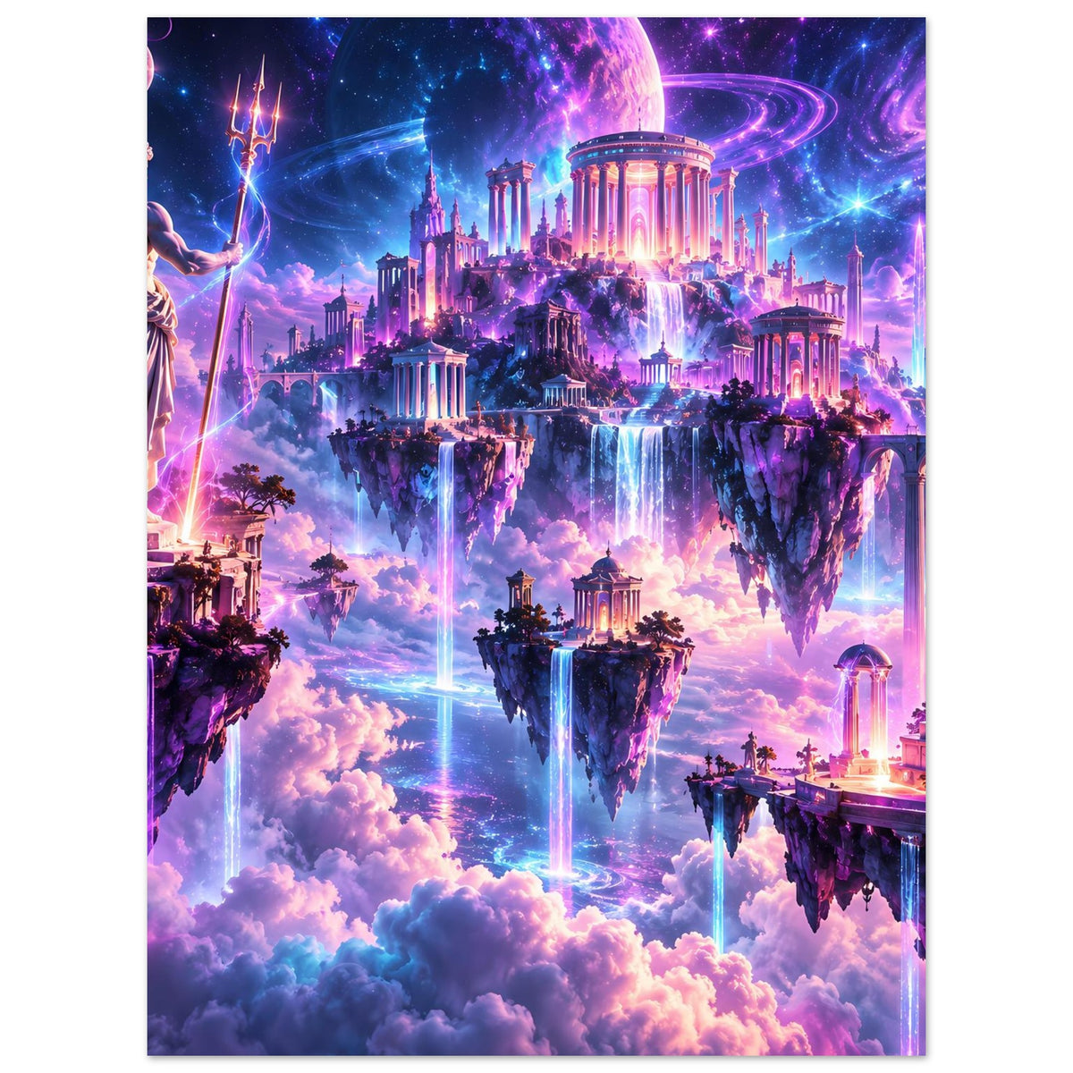 Fantasy-Poster mit schwebenden Inseln, Tempelanlagen und Wasserfällen über Wolken