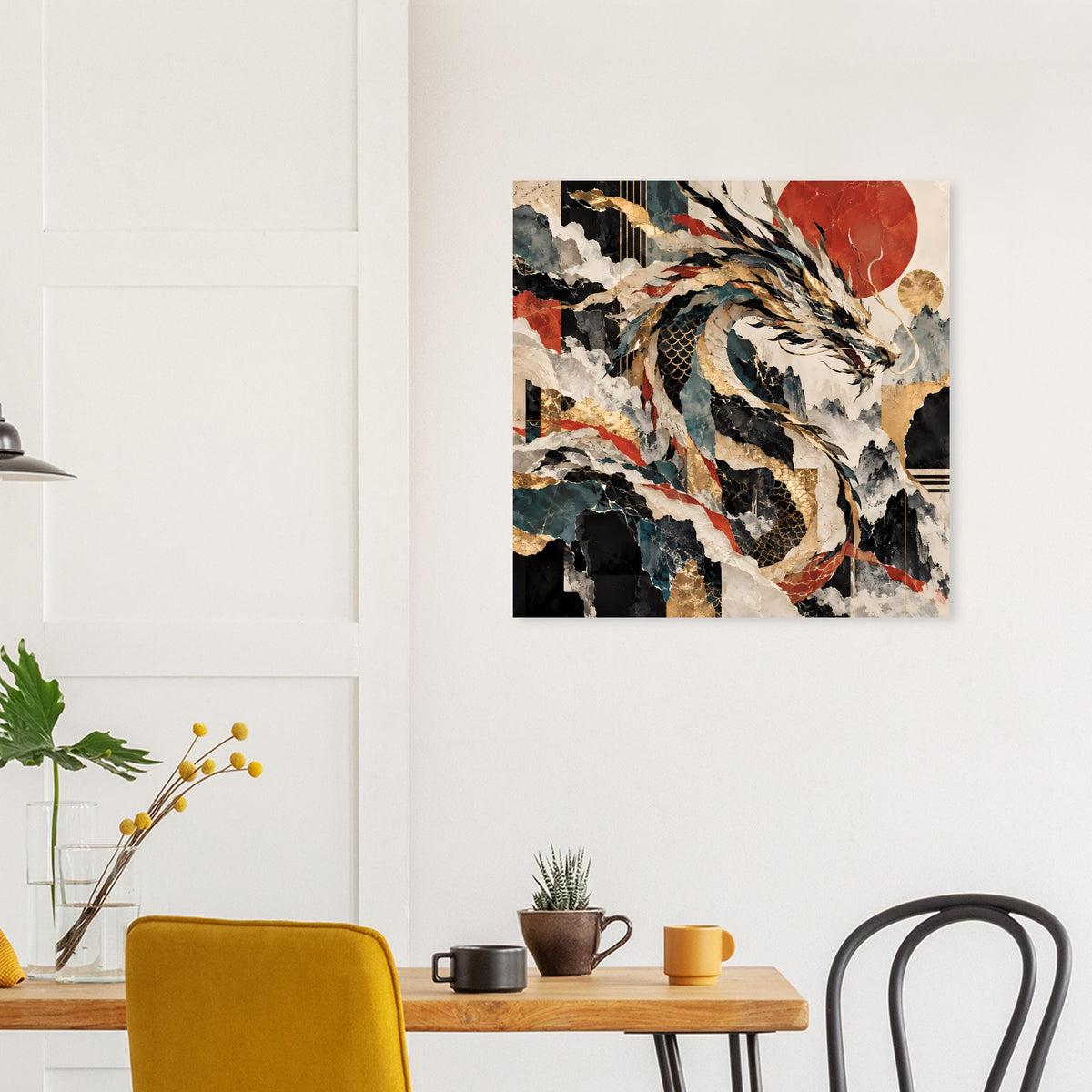Abstraktes Drachposter mit Flammenoptik, Beige, Schwarz, Gold und Rot