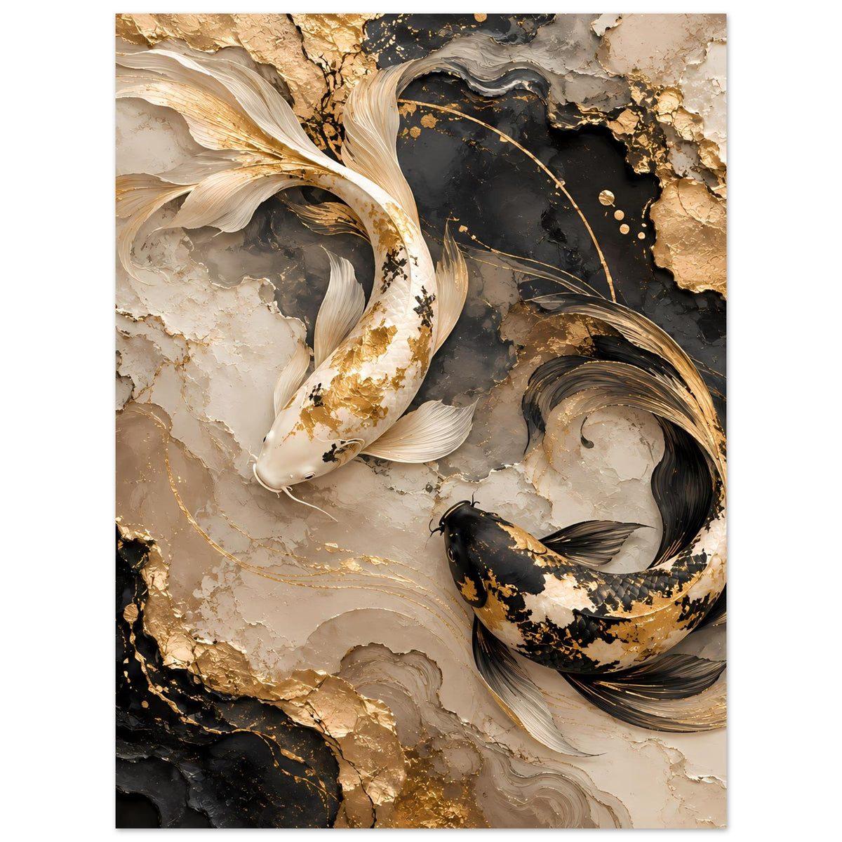 Kunstposter: goldene Koi-Fische auf dunklem Hintergrund mit goldenen Sprenkeln