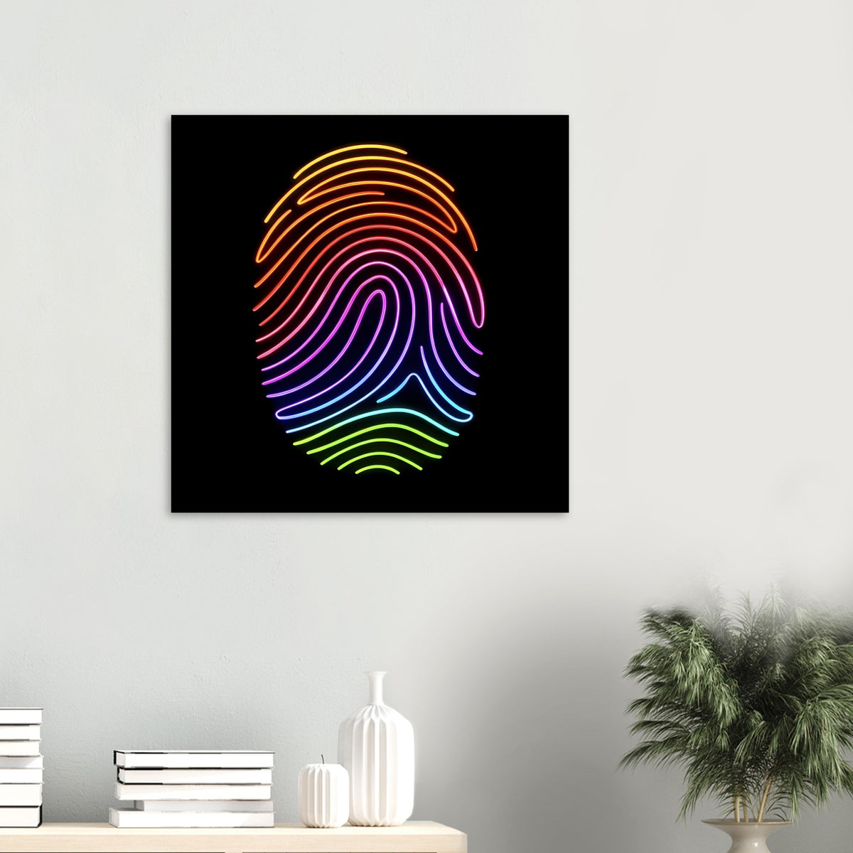 Neonregenbogen-Fingerabdruck-Poster mit mehrfarbigen Linien auf schwarzem Hintergrund.