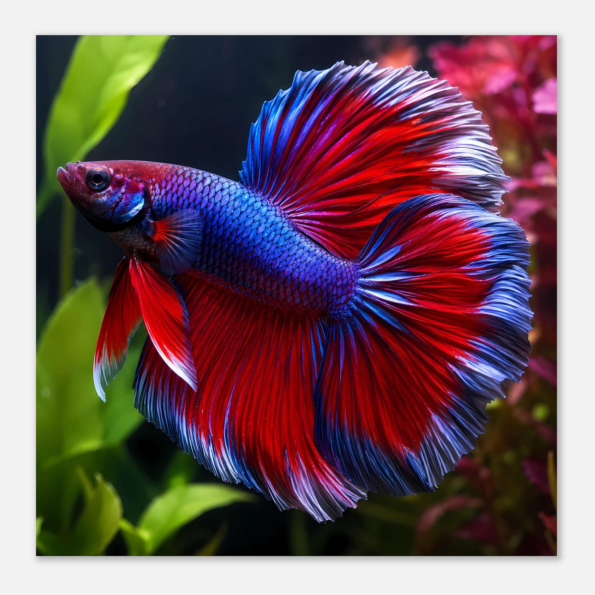 Wandposter mit Kampffisch, blaues Körpermuster und roter Flossenschwung mit weißen Spitzen