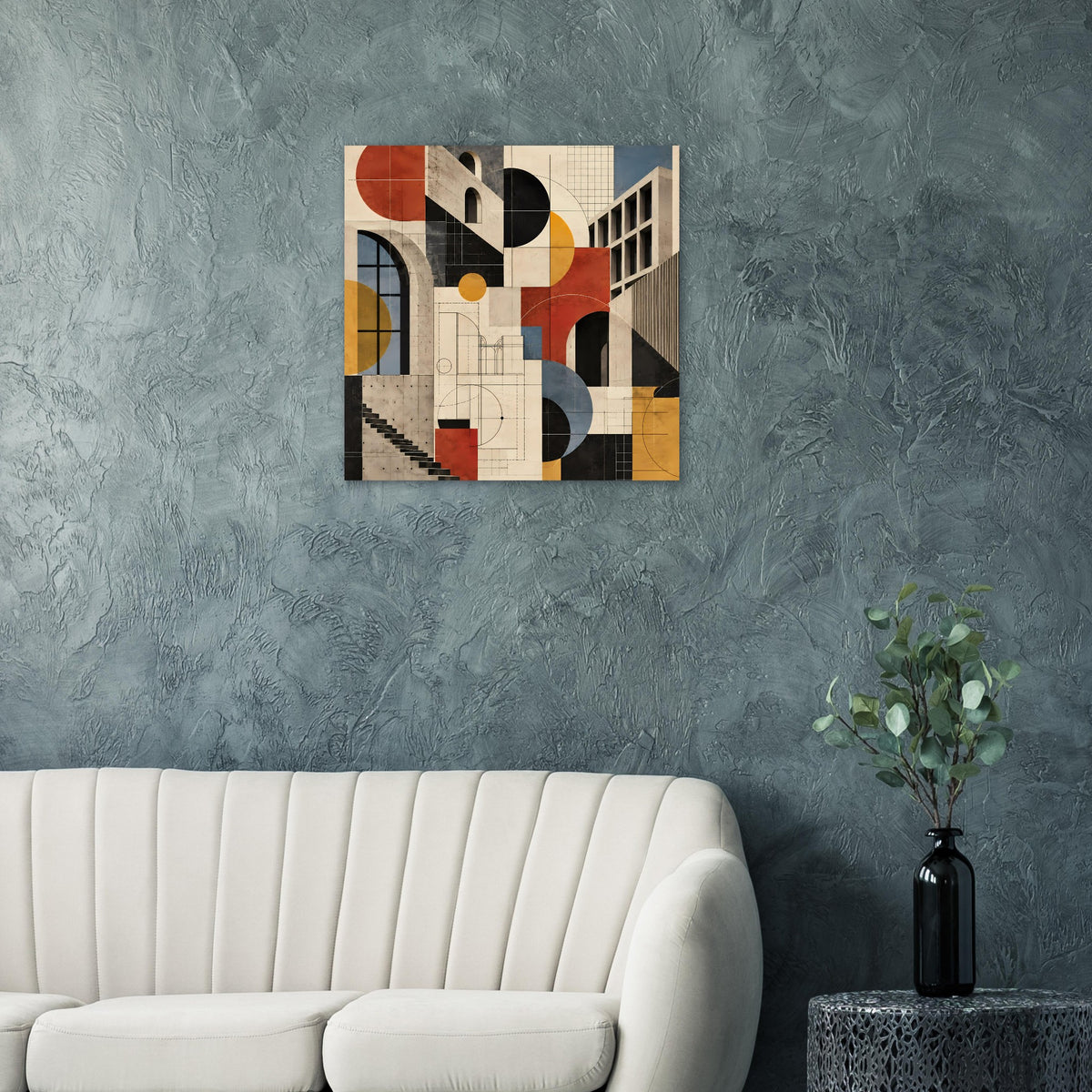 Kunstposter mit abstrakter Architektur in Terrakotta und Schieferblau, kontrastreiche Linien