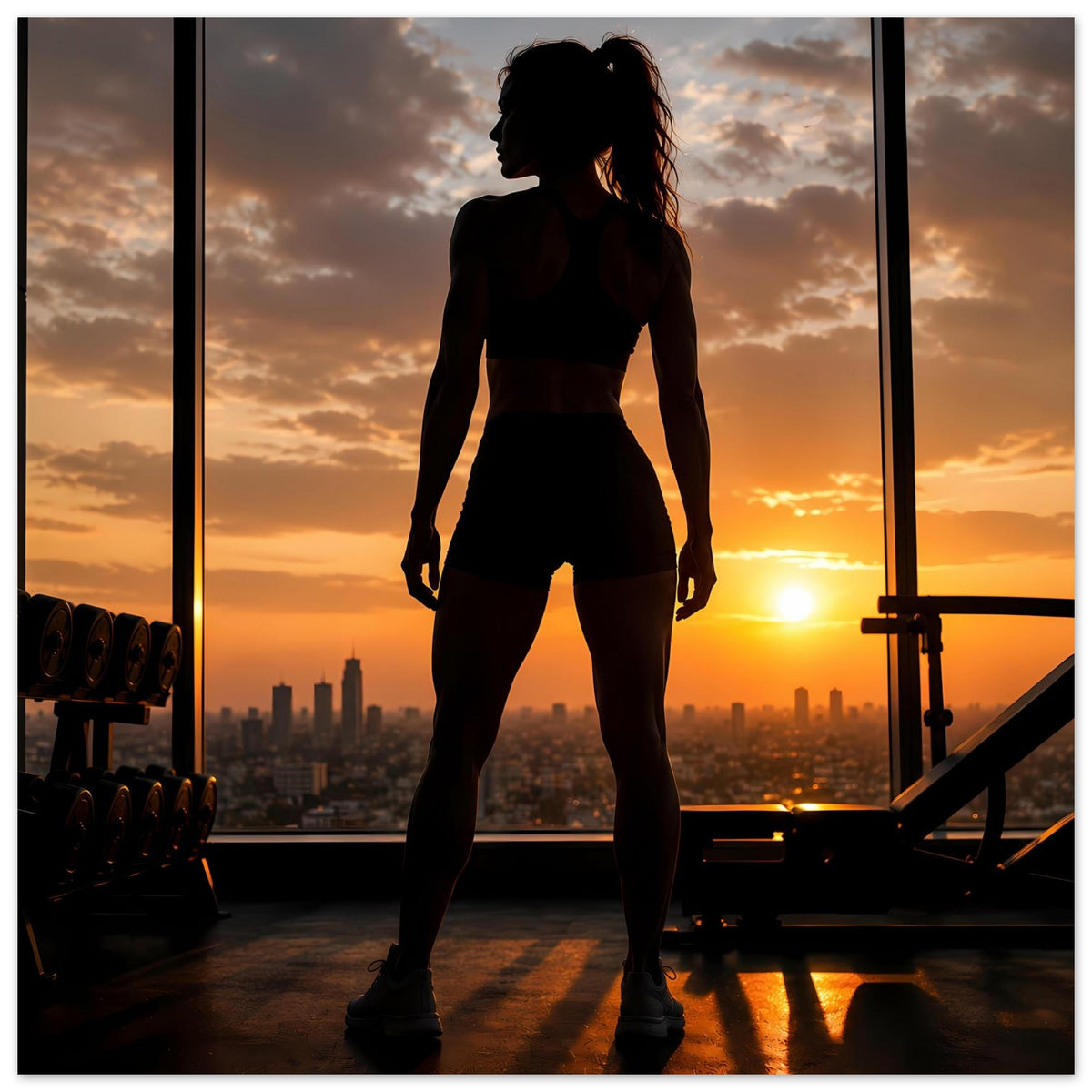 Fitness-Poster, hochkant: Silhouette einer Sportlerin in Top und Shorts im Gegenlicht