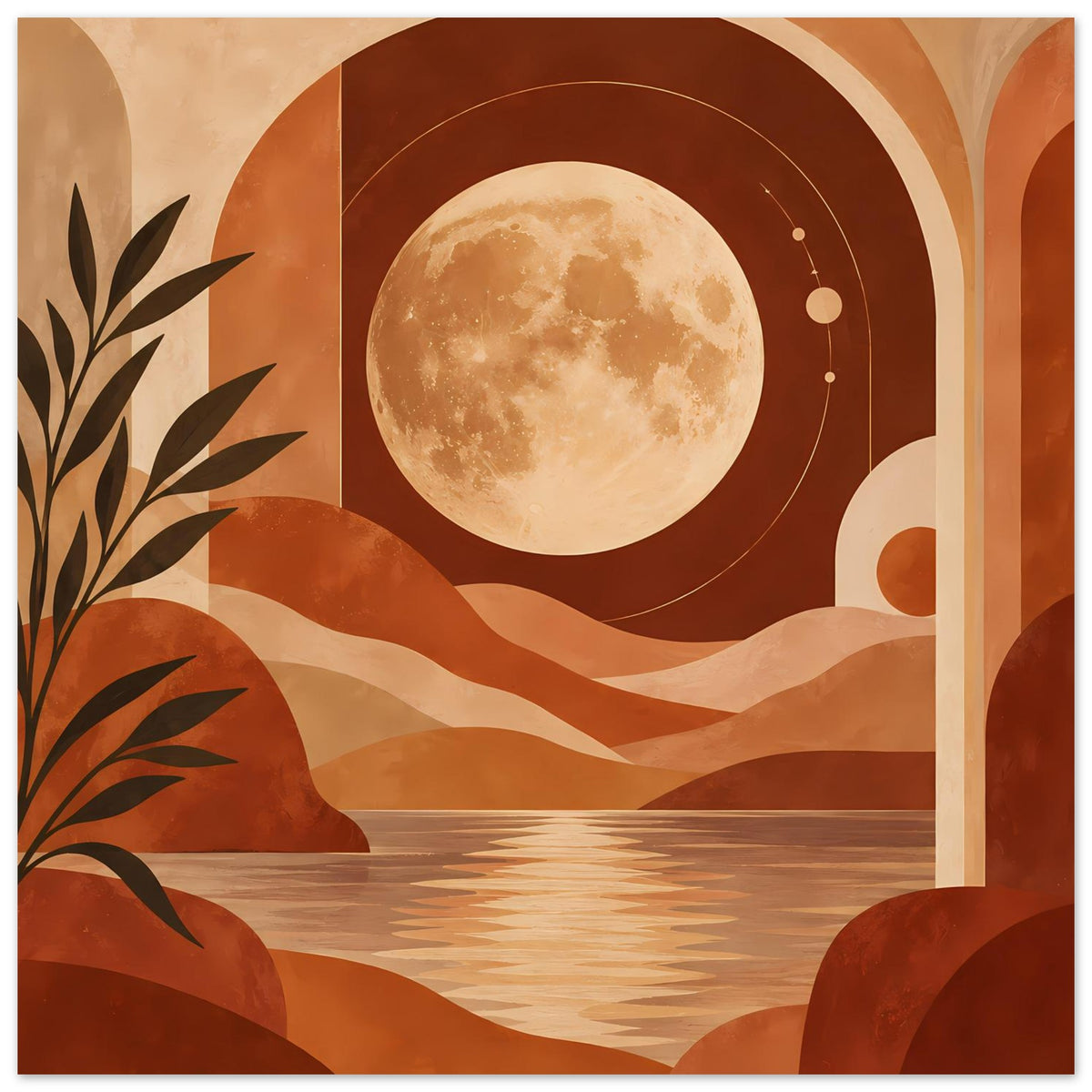 Boho-Poster mit Vollmond über Dünen, geschwungene Kreise und Palmenornament in warmen Farben