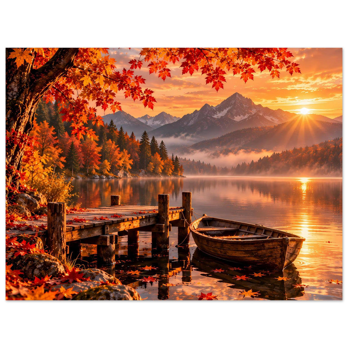 Herbstlandschaft-Poster mit Bergsilhouette, See und Boot am Holzsteg, warme Farben