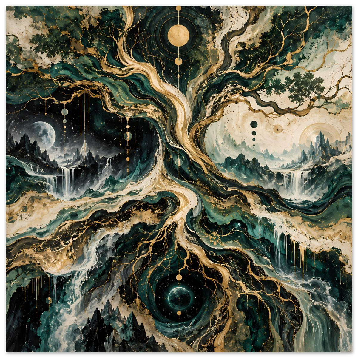 Poster mit kosmischem Baum, goldenen Ranken, grünem Nebel und dunklen Himmelskreisen