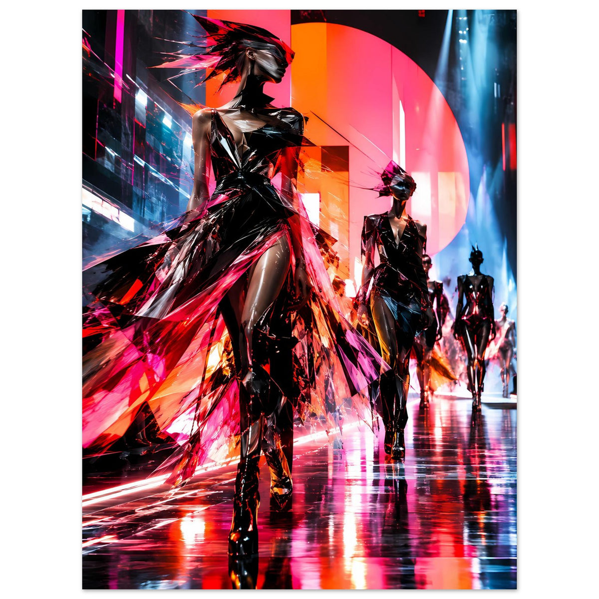 Neon-Mode-Poster mit Laufsteg-Silhouetten: mehrere Models, vorn langes glänzendes Outfit