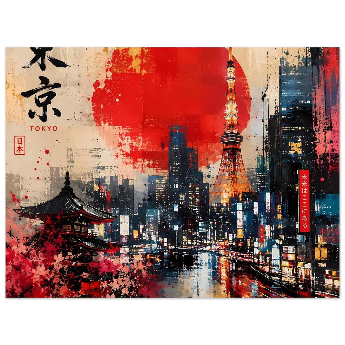 Abstraktes Poster mit Tokio-Skyline, roter Sonne, Tokyo Tower und roten Akzentflächen