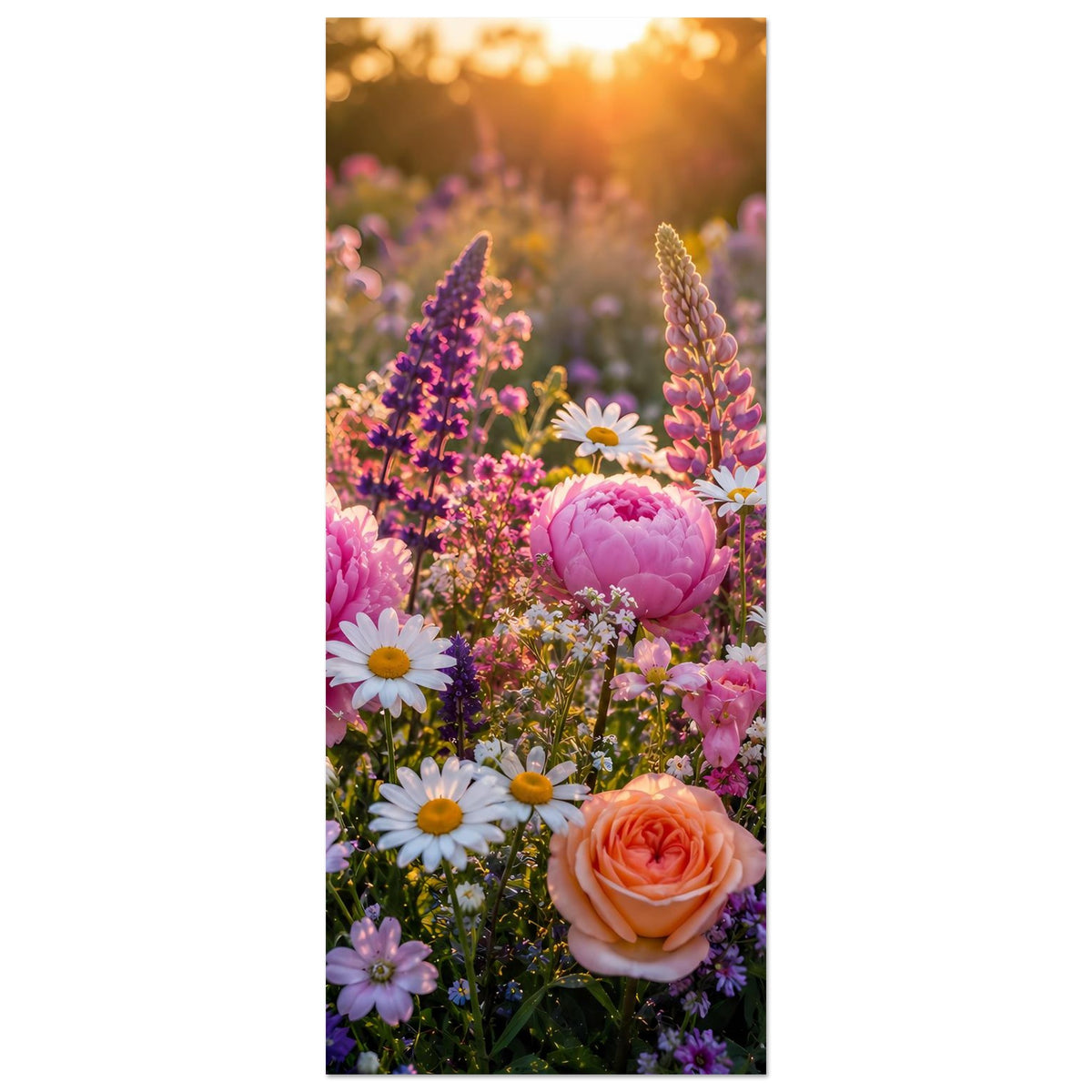 Blumenposter im Hochformat, Ausschnitt mit Pfingstrosen und orangefarbener Rose