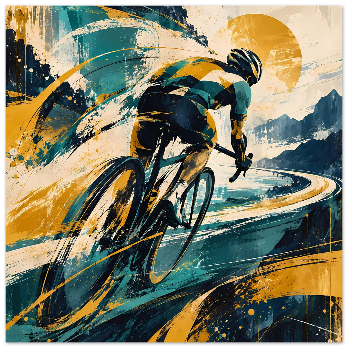 Sportposter mit Radfahrer und starkem Spritz-Look, Blau-Grün und Gelb dominieren