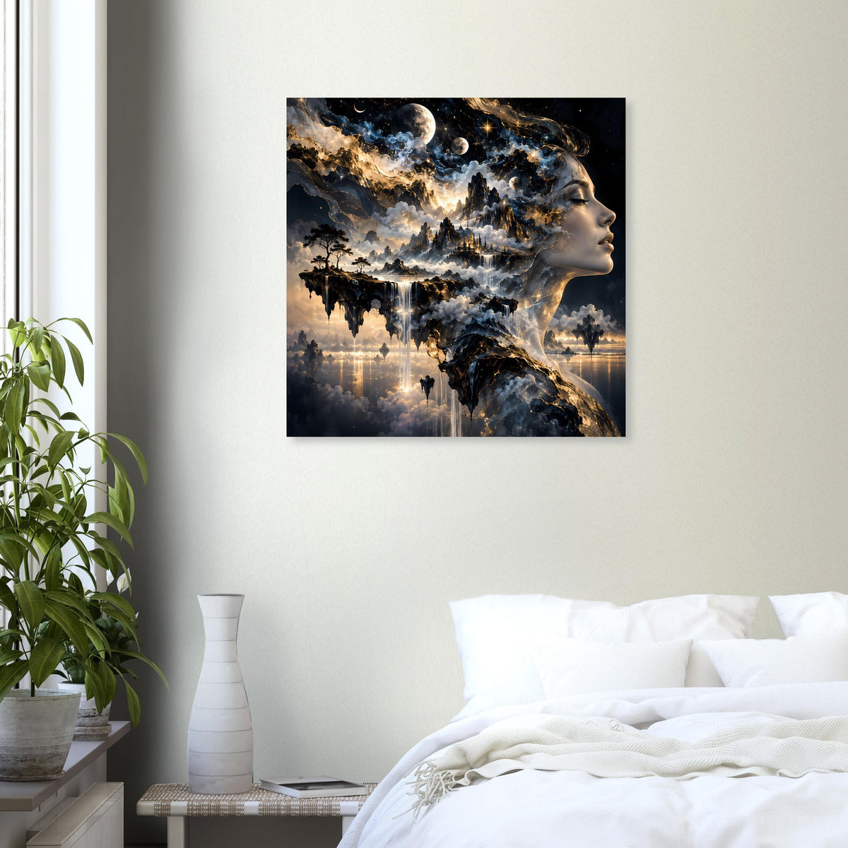 Gerahmtes Poster mit kosmischem Motiv: Frauenprofil, Mond über dunklen Wolken und Sternen