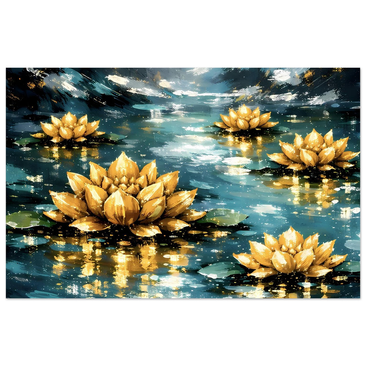 Querformat-Poster: goldene Lotusblüten auf ruhigem Wasser, funkelnde Reflexe