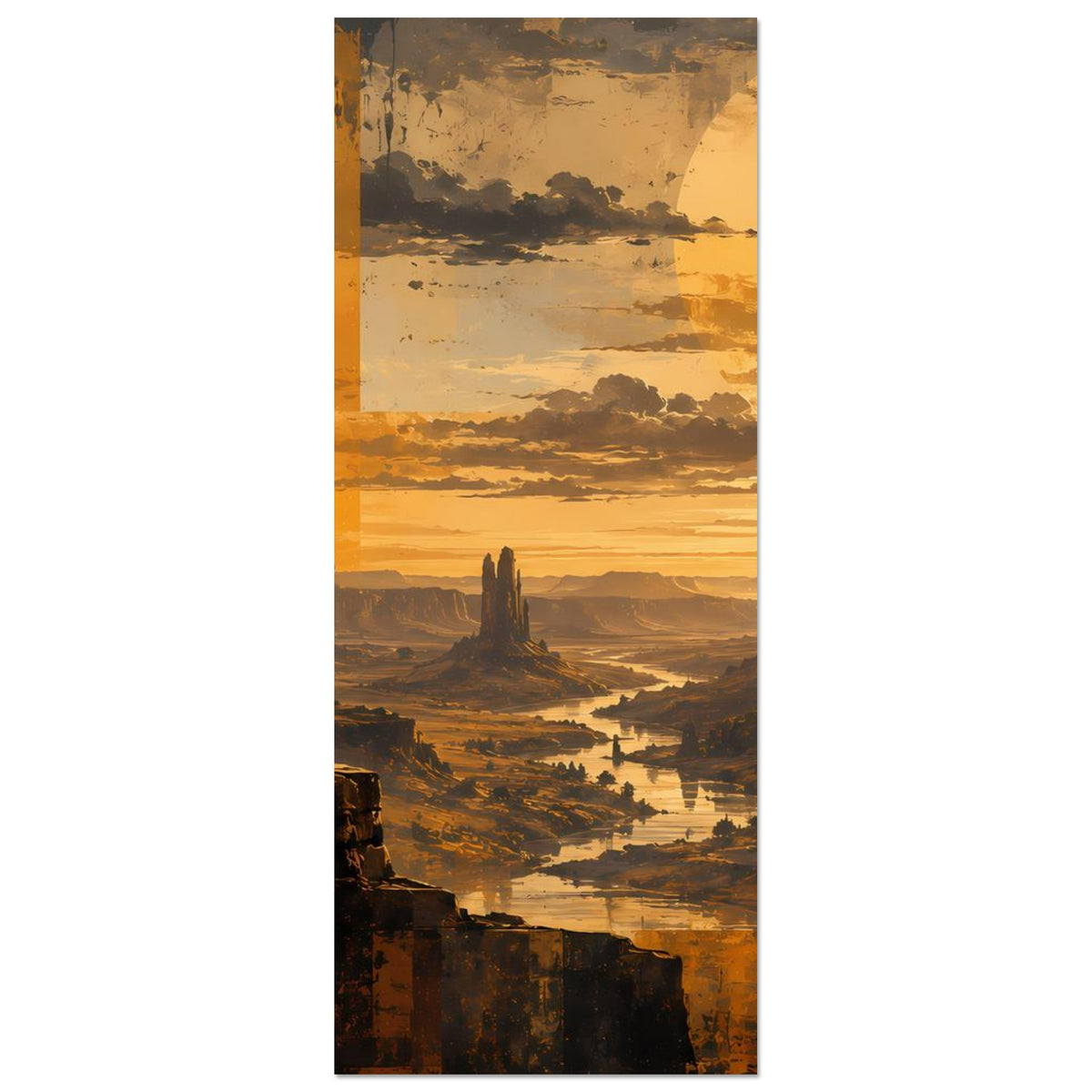 Vertikales Poster: Sonnenuntergang über Wüste mit Flusstal und Felsformationen