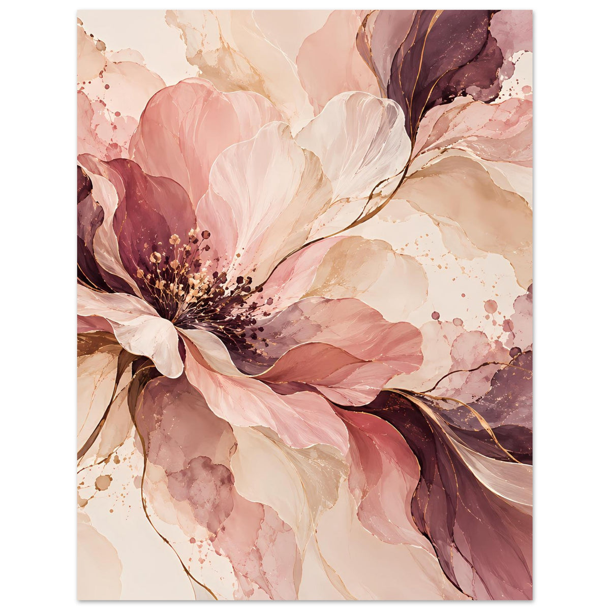 Blütenposter mit abstrakter Blüte in Rosé-, Creme- und Beerentönen, hochkant