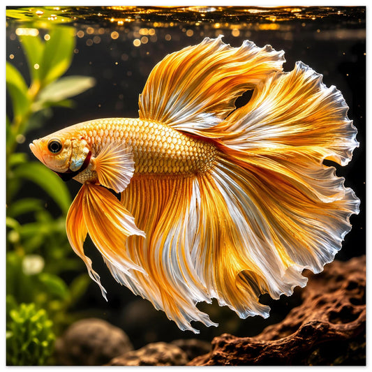 Poster mit goldfarbenem Kampffisch (Betta) mit langen, gefächerten Flossen