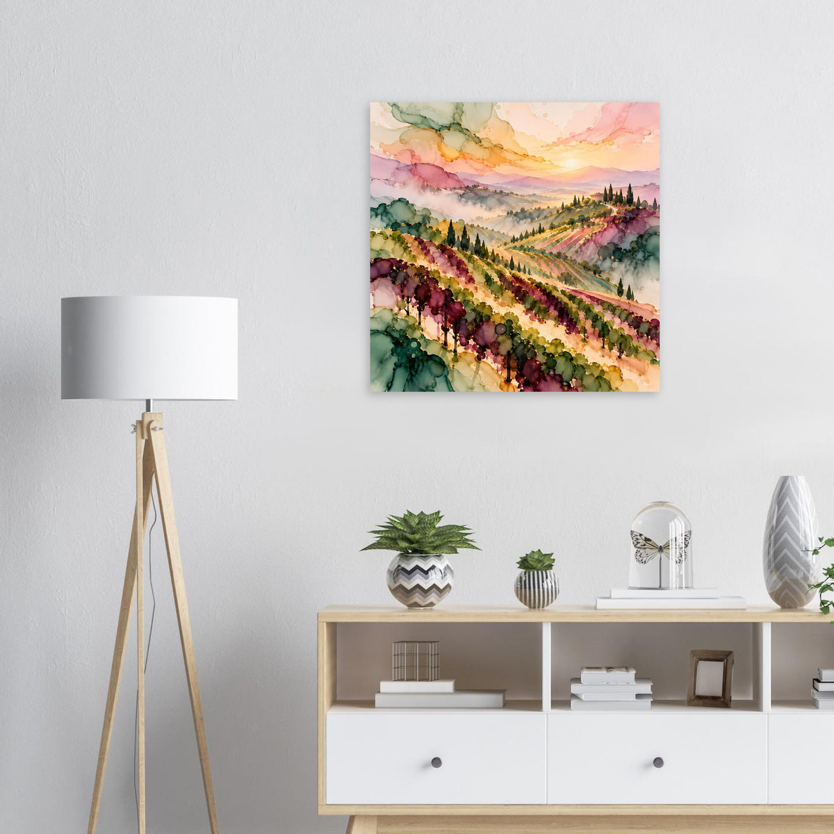Landschaftsposter mit Weinbergen und Abendhimmel in Aquarelloptik, rechteckig
