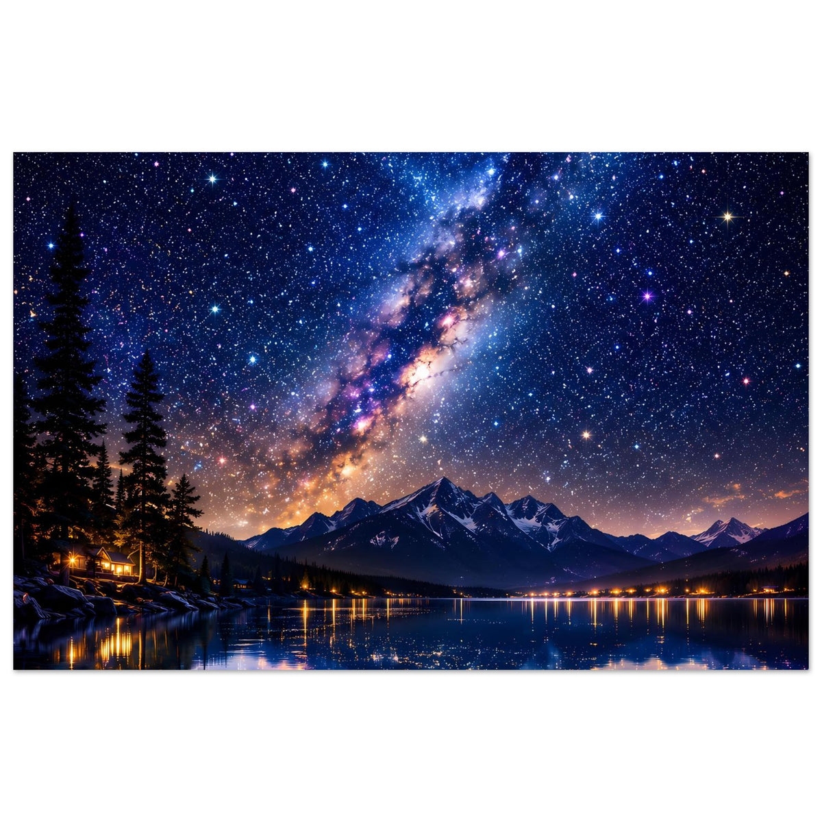 Wandposter mit Milchstraße über Bergsee, Spiegelung am Wasser und funkelnde Sternbilder