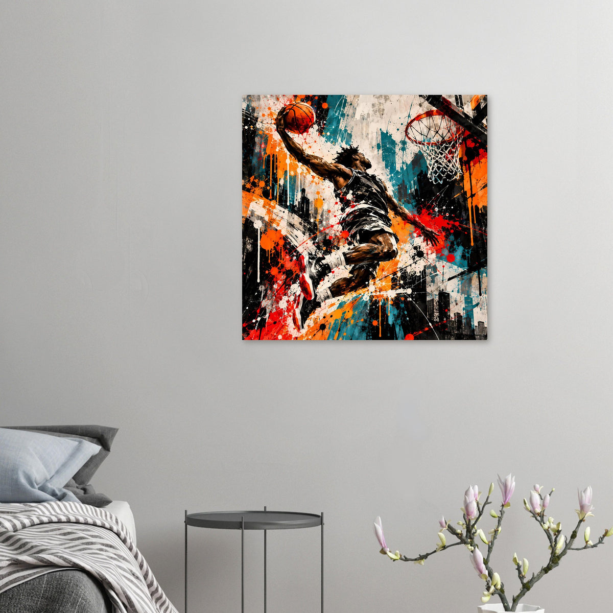 Kleines Basketball-Poster: Spieler im Wurf, Ball oben links, Korbnetz rechts, Splash-Design