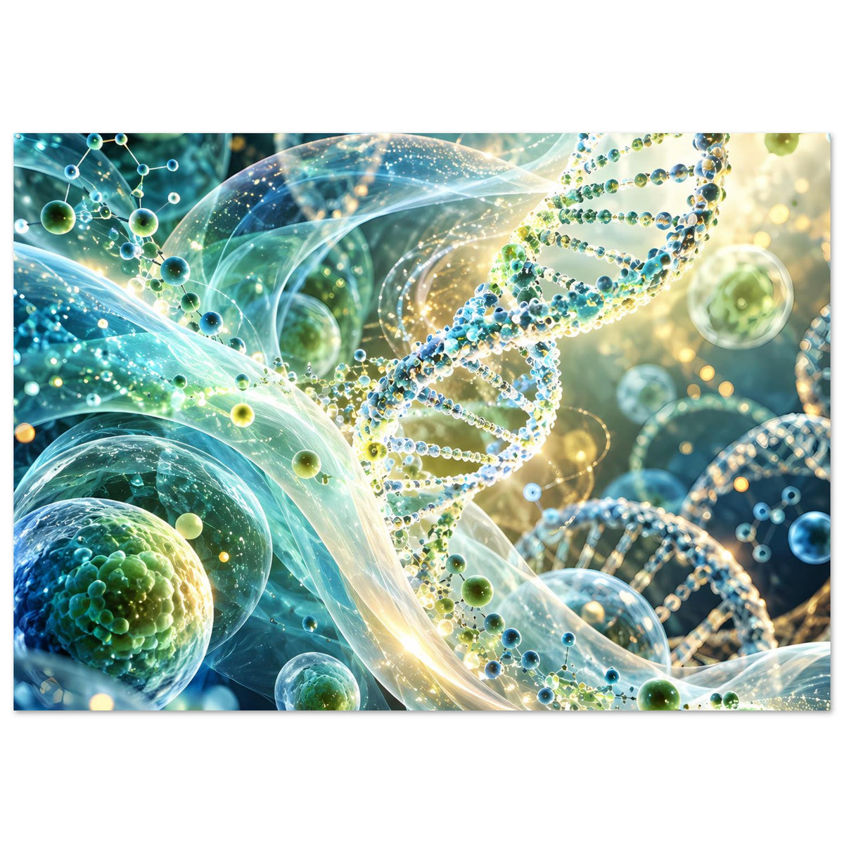 Rechteckiges Poster: leuchtende DNA-Doppelhelix mit bunten Partikeln und transparenten Bahnen