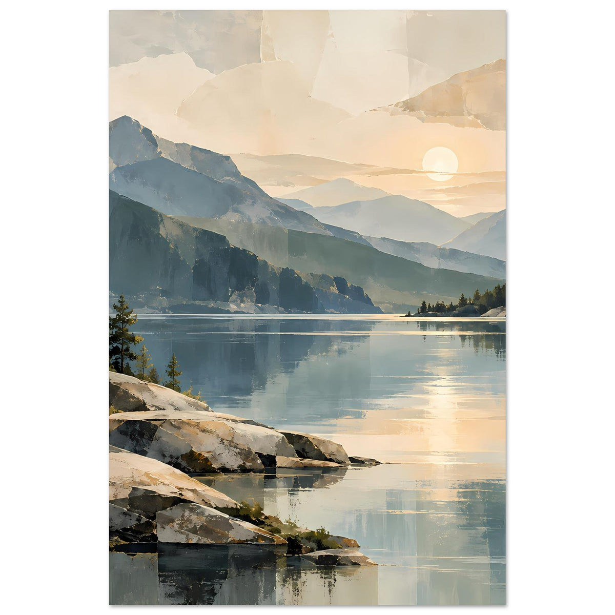 Vertikales Poster: Bergsee mit warmen Sonnenaufgangstönen, Felsufer vorn, Wasserreflexe.