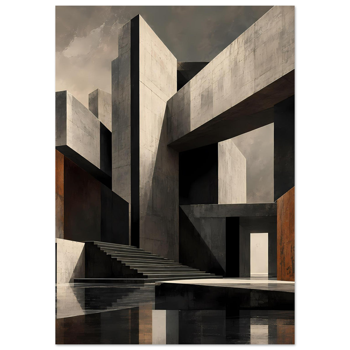 Gerahmtes Architekturposter mit geometrischen Säulen und Treppe, Schwarz‑Weiß, Rostakzent