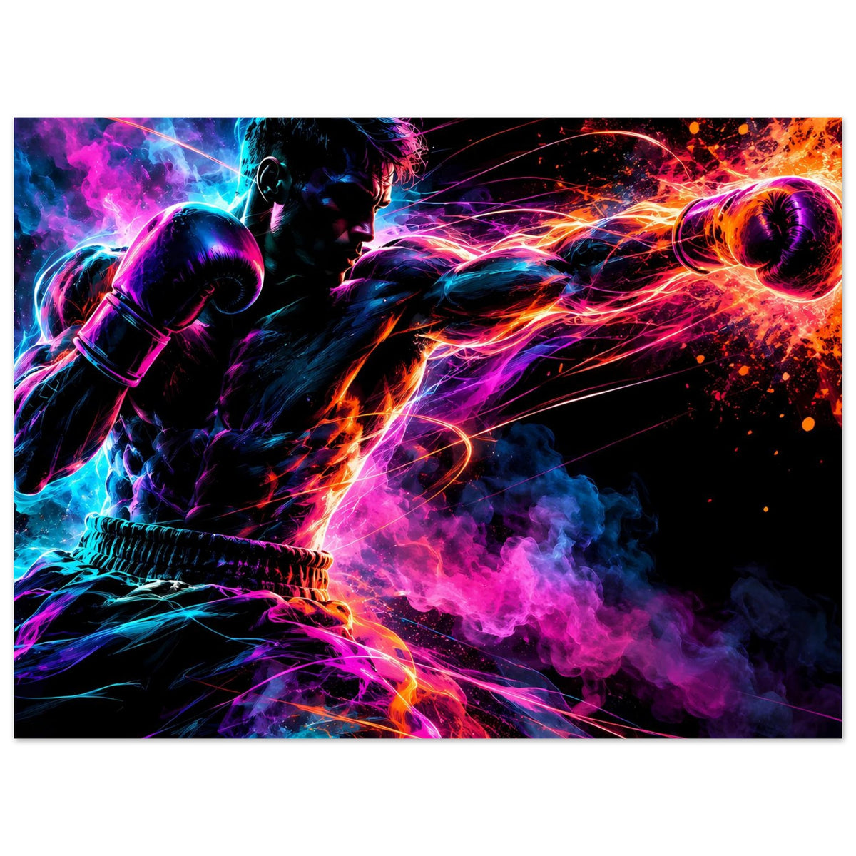 Neon-Boxer-Poster, horizontal: Vollbild des Boxkämpfers mit Rauch und Neon-Lichttrails.