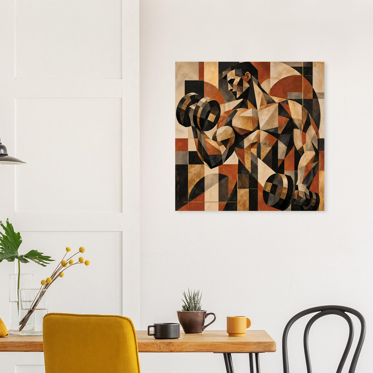 Abstraktes geometrisches Wandposter mit Herz- und Rechteckformen in Braun und Schwarz