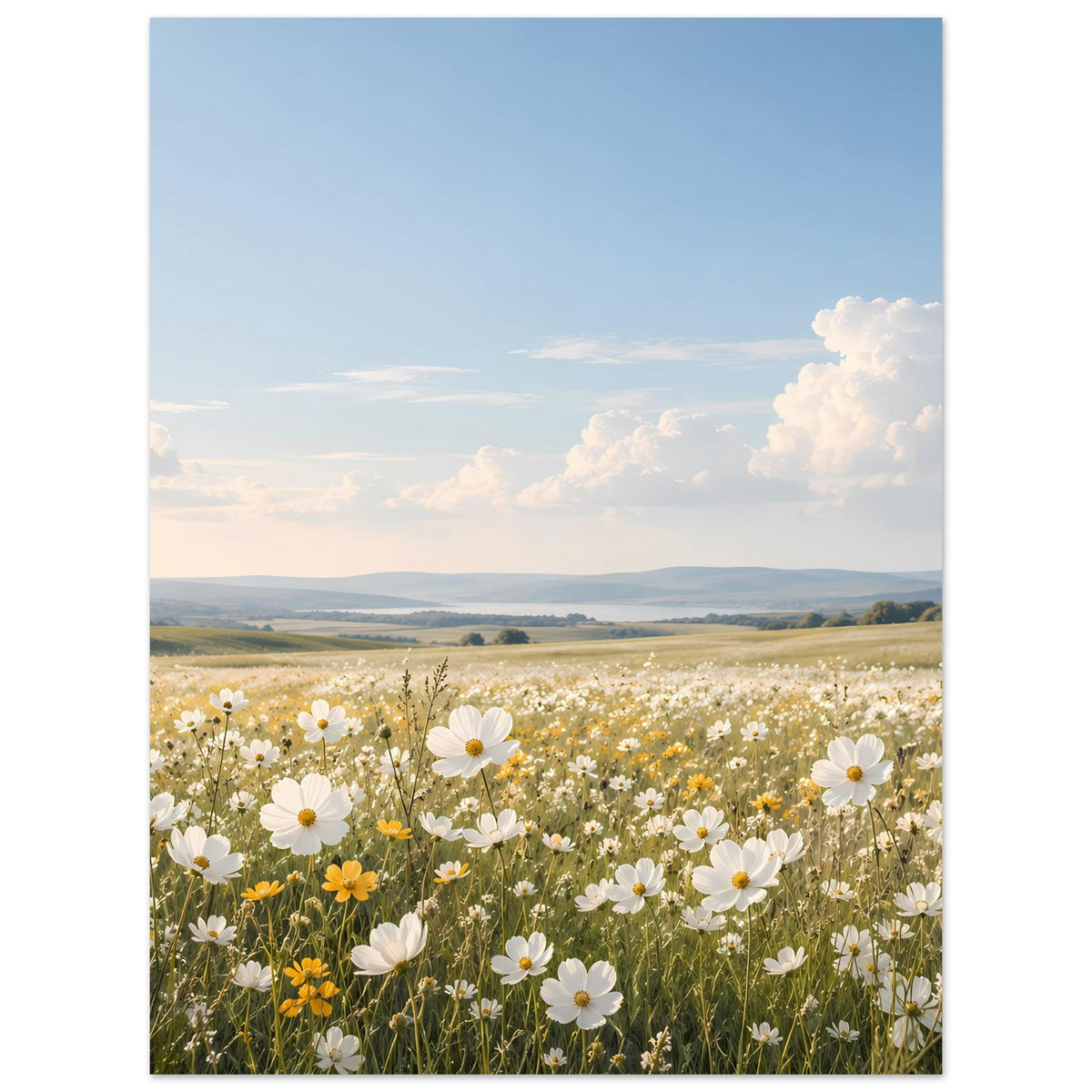 Wandposter (hochkant) mit Blumenwiese: viele weiße Margeriten und einzelne gelbe Blüten