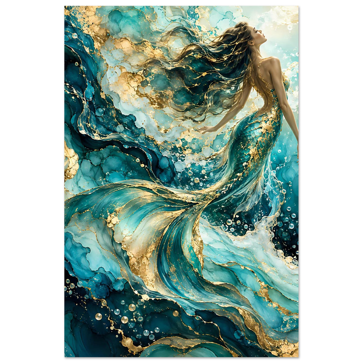 Hochformat-Kunstdruck-Poster mit Meerjungfrau, türkis und gold mit funkelnden Blasen