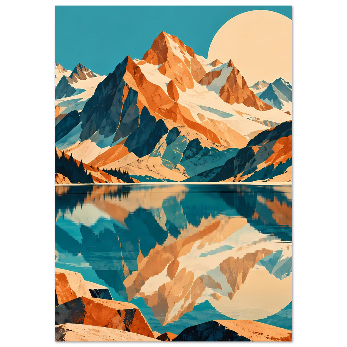 Naturposter im Hochformat: Berge und See-Spiegelung mit Mond, blau-oranges Landschaftsmotiv
