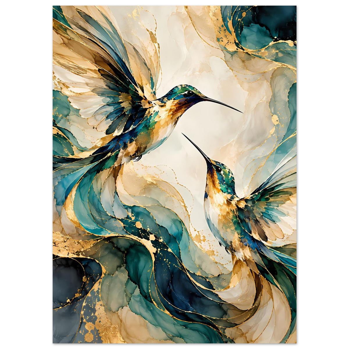 Vogelposter mit Kolibris in Blau, Türkis und Gold, dynamische Federstrukturen