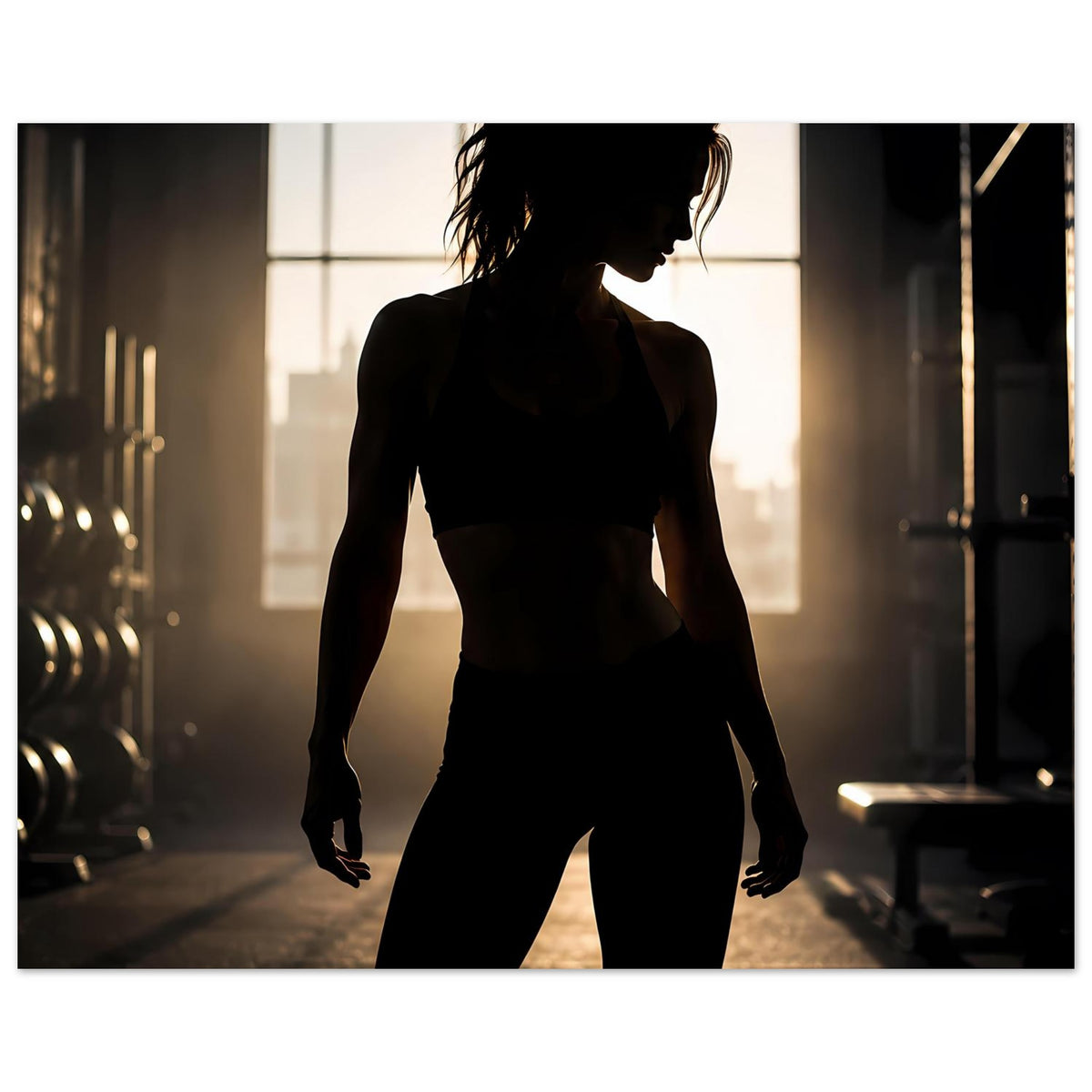 Sportposter im Hochformat mit dunkler Athletinnen-Silhouette, Schulterpartie sichtbar