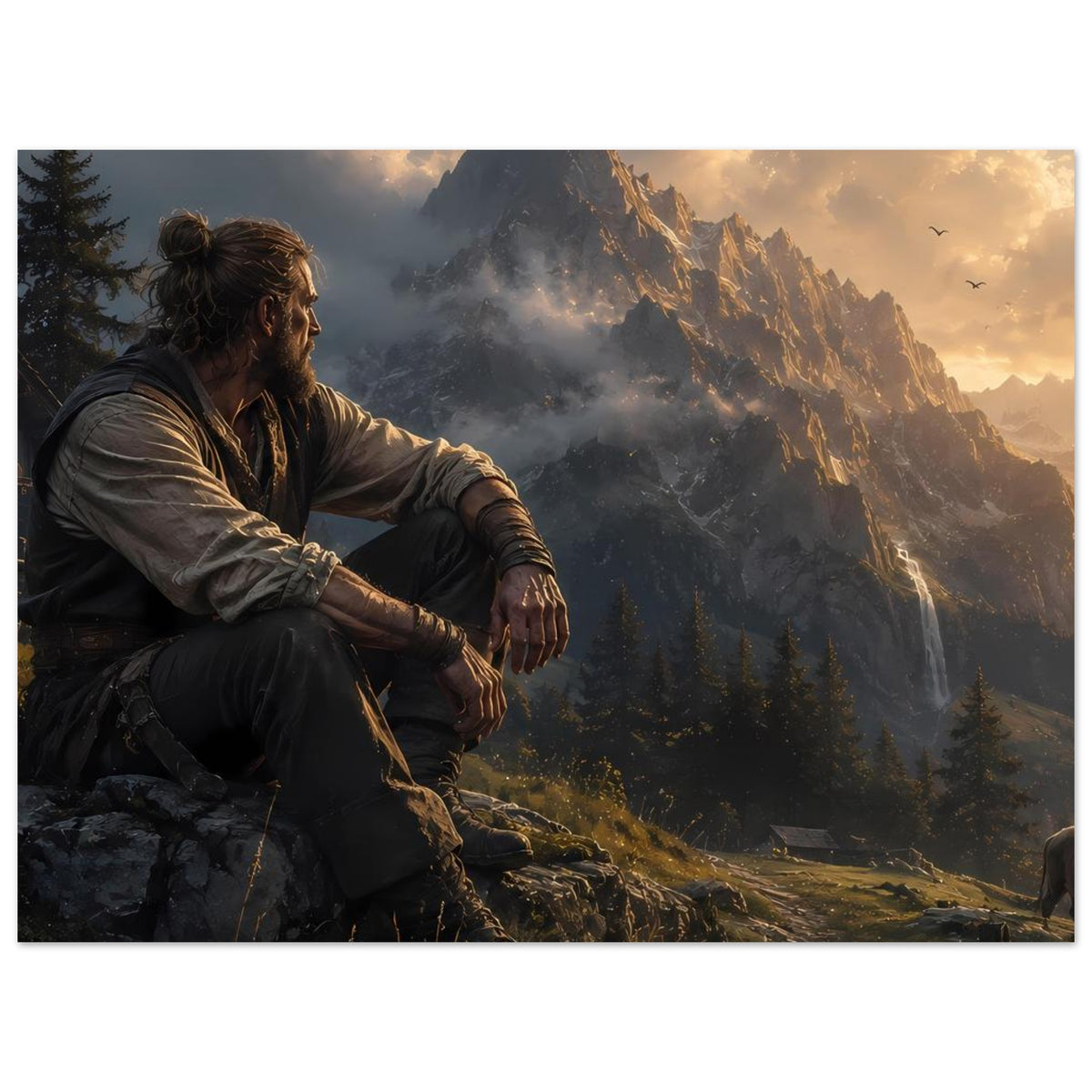 Poster: Wanderer auf Fels mit Bergpanorama bei goldenem Sonnenaufgang