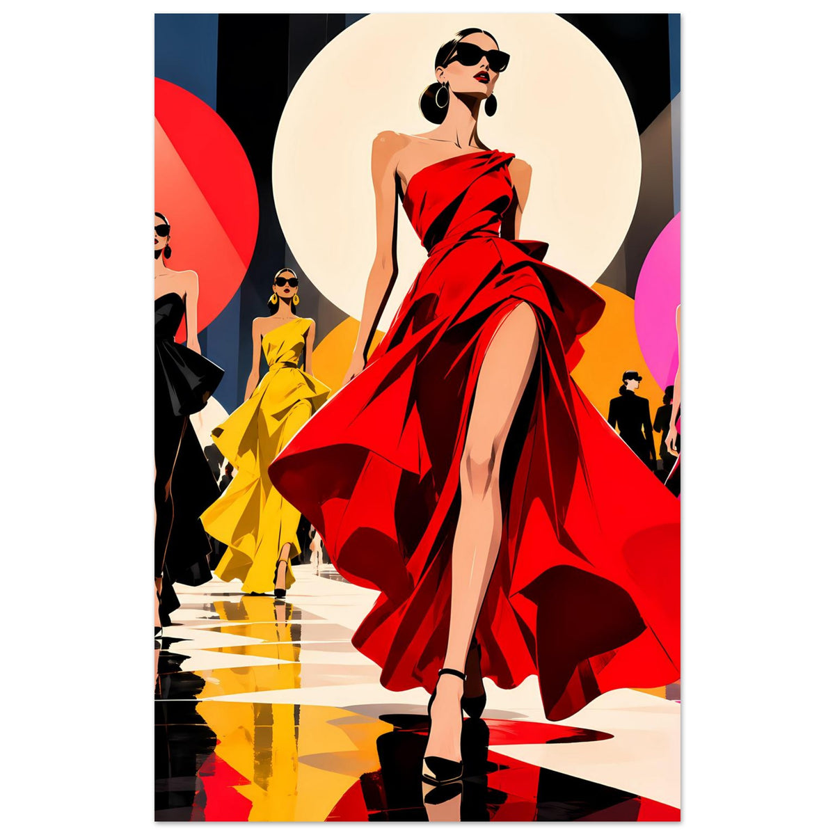 Wandposter im Pop-Art-Stil mit Mode-Figur in rotem Kleid und rotem, weitem Rock
