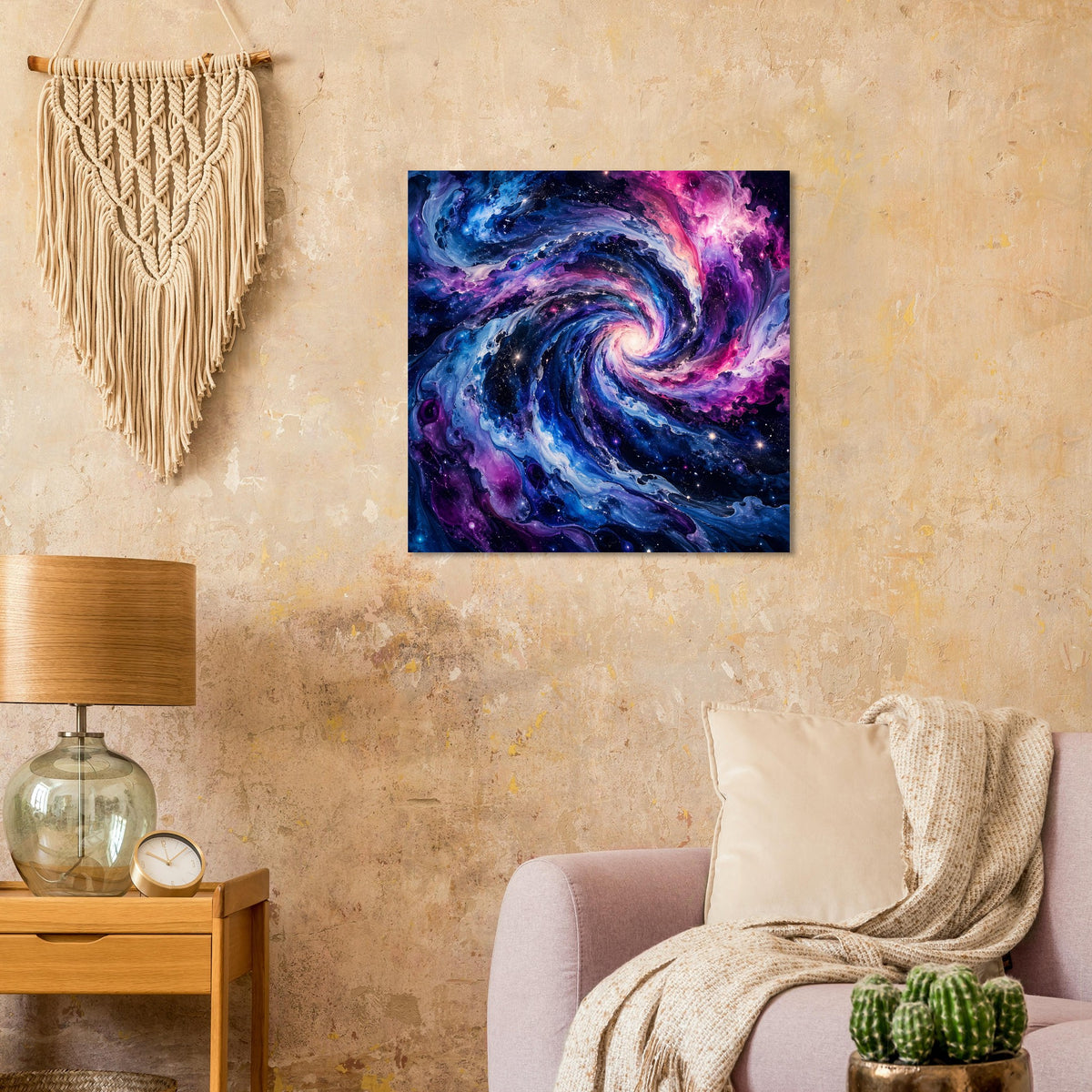 Galaktisches Swirl-Poster: quadratisches Bild mit blauem und violettem Spiralnebel, schwarzer Rahmen