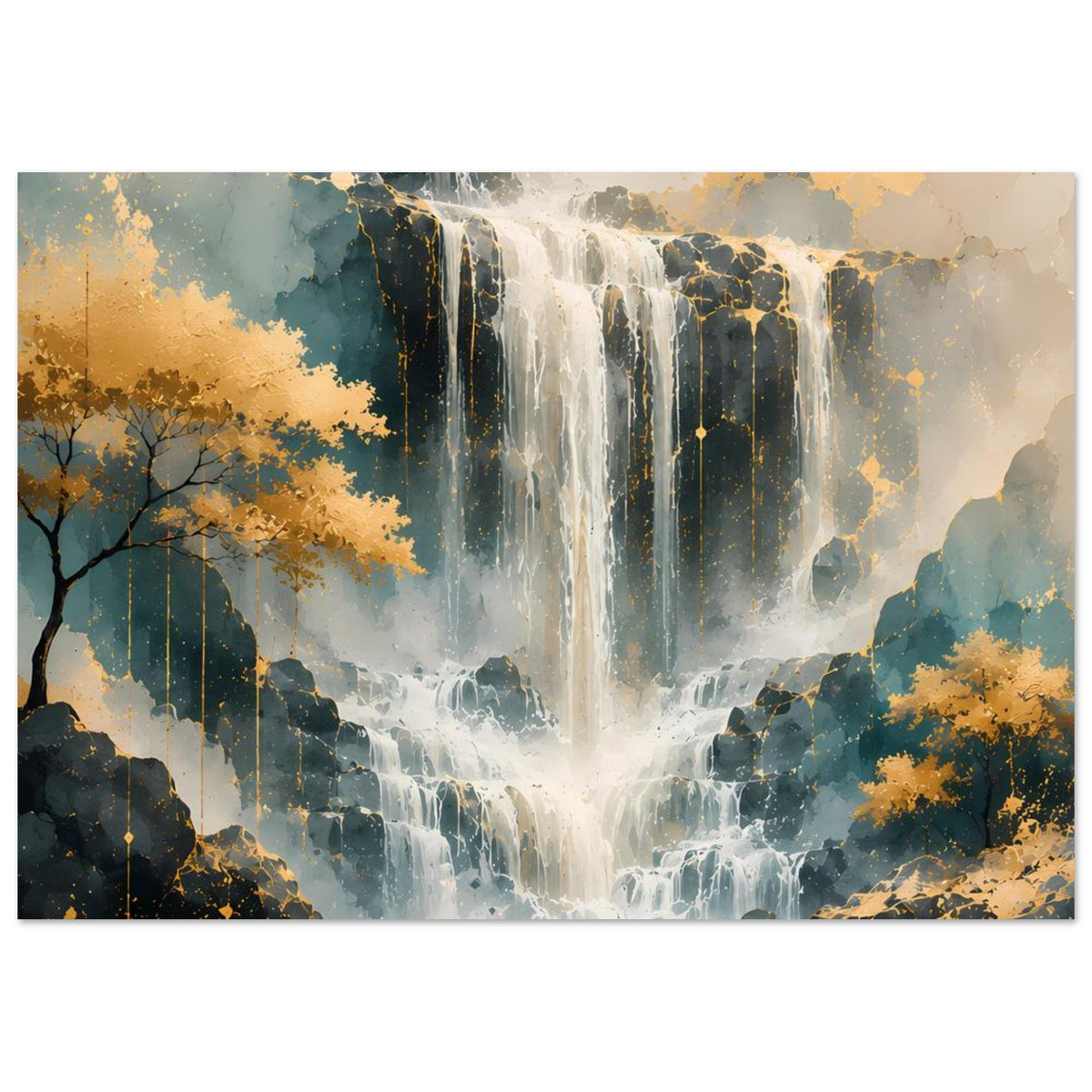 Poster mit Wasserfall-Motiv, Blau- und Goldtöne, Querformat
